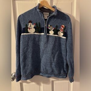 Breckenridge Blue Embroidered Christmas Sweater Sweatshirt 1/4 Zip Snowman